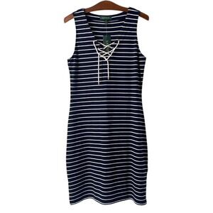 Lauren Ralph‎ Lauren Striped Sleeveless Dress Women's S Blue Lace Up NWT